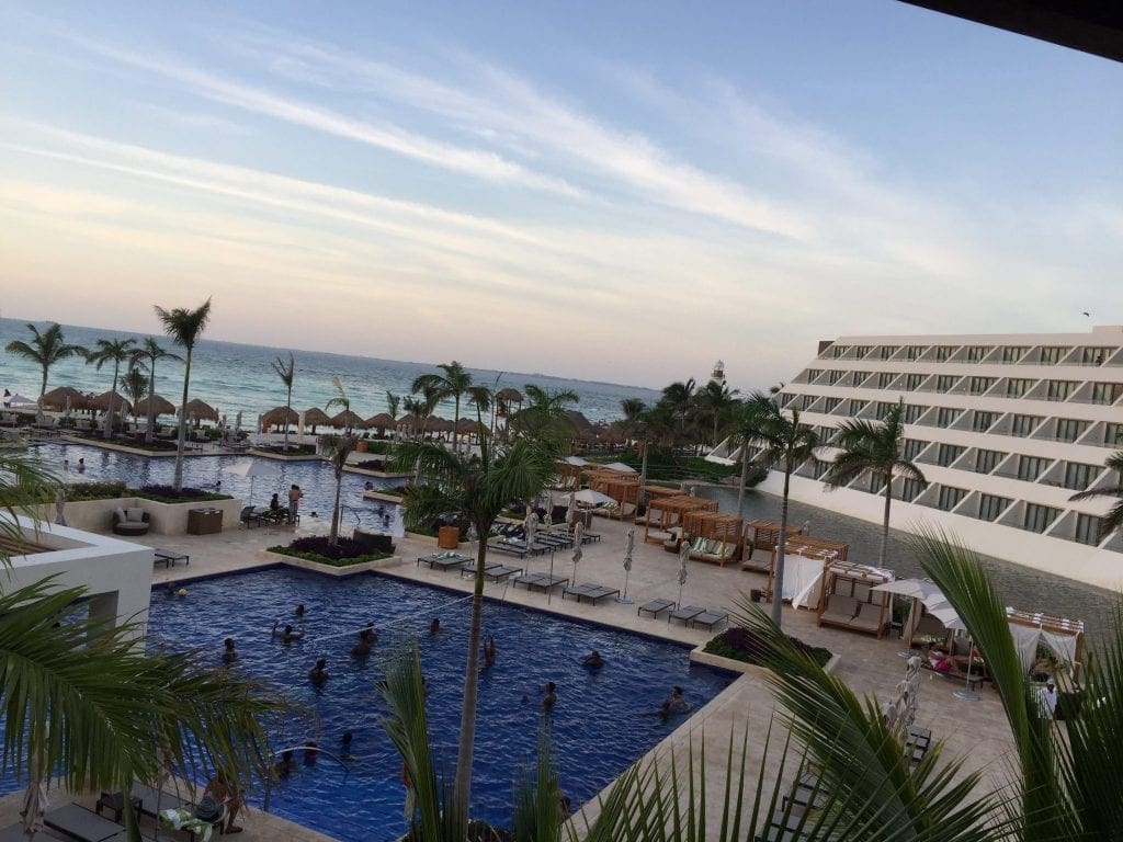 Arial view of Hyatt Ziva Cancun over looking the pool and ocean